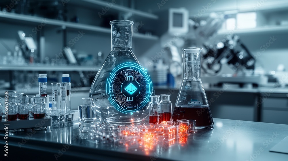 Poster glowing blockchain icon enhances innovative health data visualization in laboratory technology conce
