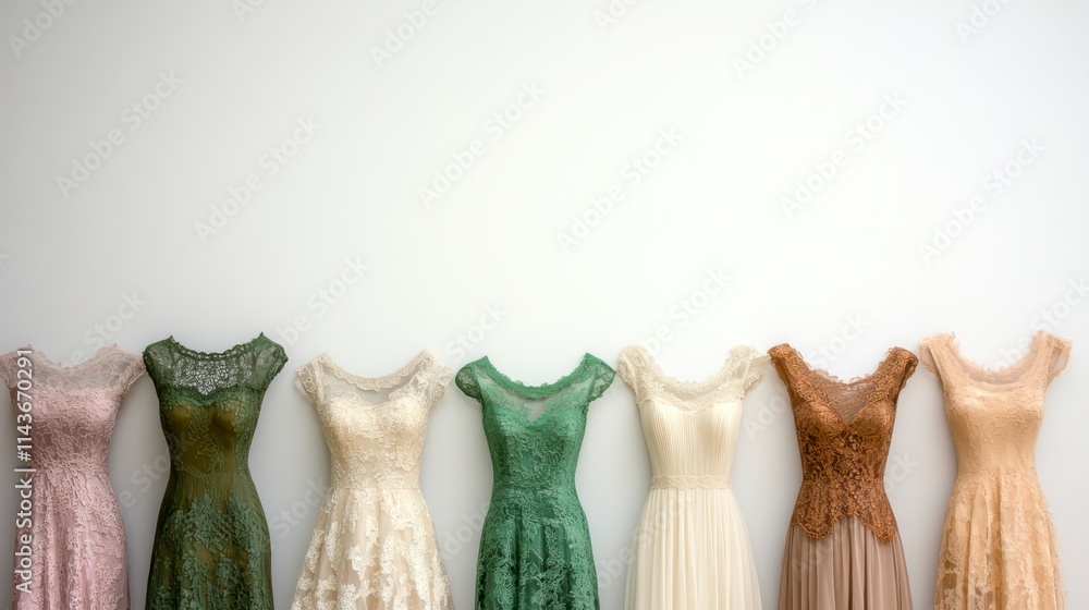 Poster a row of elegant dresses in various colors, showcasing intricate designs against a neutral backgroun
