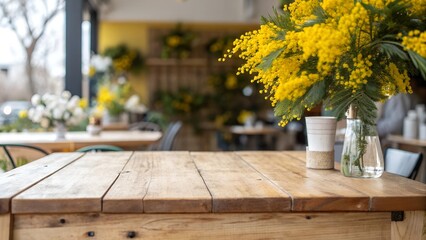 Empty wooden table in front spring mimosa flowers blurred background banner for product display in a coffee shop, local market or bar
