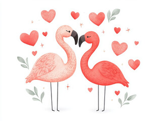 Fototapeta premium Cute flamingo couple surrounded by hearts and leaves, expressing love
