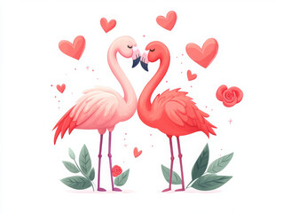 Obraz premium Cute flamingo couple surrounded by hearts and flowers, expressing love