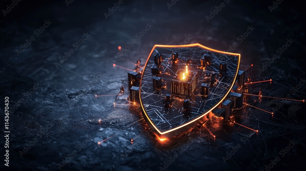 Poster Digital shield symbol protecting network infrastructure cybersecurity environment futuristic concept high-tech viewpoint