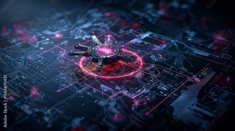 Poster Digital map displaying restricted areas in high-tech environment futuristic design with glowing elements