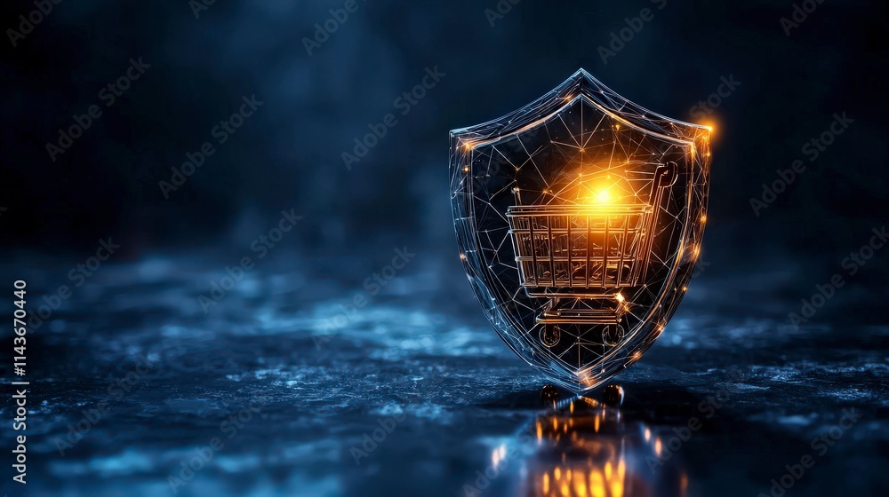 Poster digital shield icon protecting shopping cart e-commerce 3d graphics cybersecurity close-up innovatio