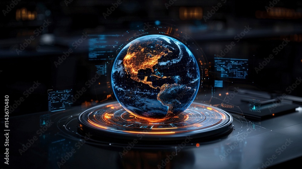 Poster Digital visualization of a glowing earth surrounded by graphs modern office technology concept futuristic environment