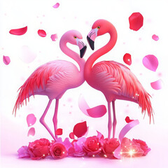 Obraz premium vibrant couple of flamingos surrounded by pink petals and roses