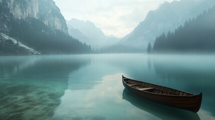 Obraz premium A serene lake scene with a wooden boat surrounded by misty mountains and calm waters.