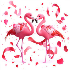 Naklejka premium Flamingo couple surrounded by petals and ribbons, expressing love and joy