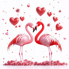 Fototapeta premium Flamingo couple surrounded by hearts and roses, symbolizing love