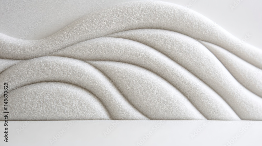 Poster a textured wall design featuring smooth, flowing waves in a soft white color, creating a modern and 