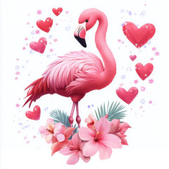 Obraz premium vibrant pink flamingo surrounded by hearts and flowers, exuding joy