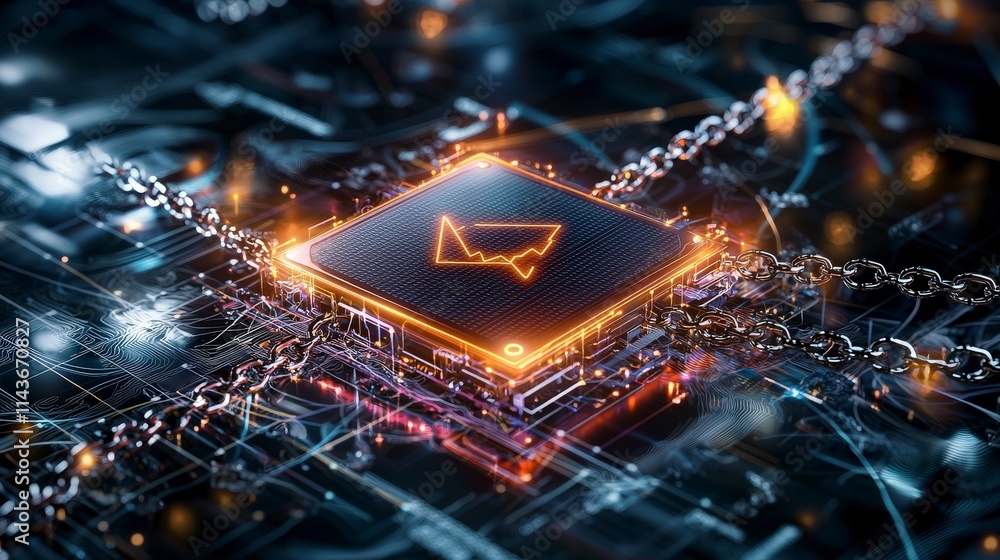 Poster Digital ledger icon enveloped by chains futuristic tech environment high-resolution visual cybernetic viewpoint
