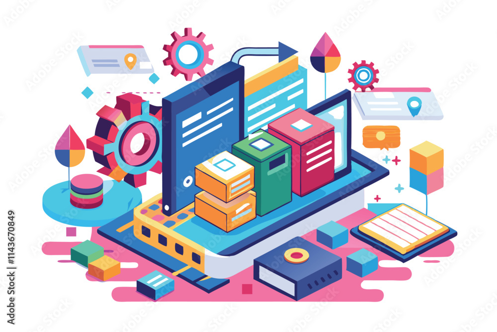 Poster a colorful digital workspace showcases customizable tools, data storage, and technology symbols open