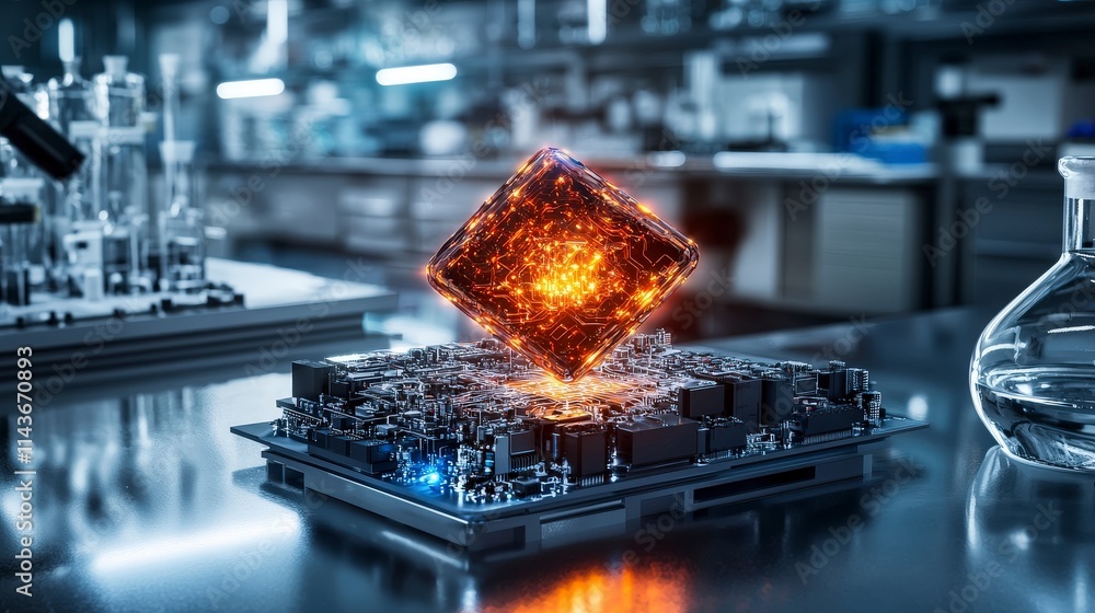 Poster Advanced quantum computing technology display research laboratory digital art high-tech environment close-up view innovation
