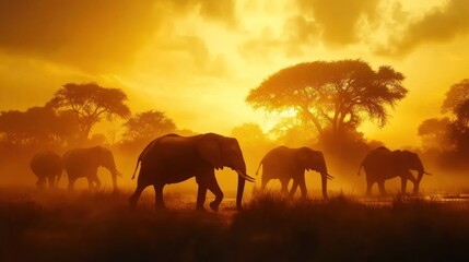 Obraz premium Silhouetted elephants walking at sunset in a misty landscape.