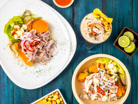 Cebiches, peruanos, cebiche mixto, cebiche de pescado, cebiche carretillero, aj&iacute;, canchita, chifles, bodeg&oacute;n cenital