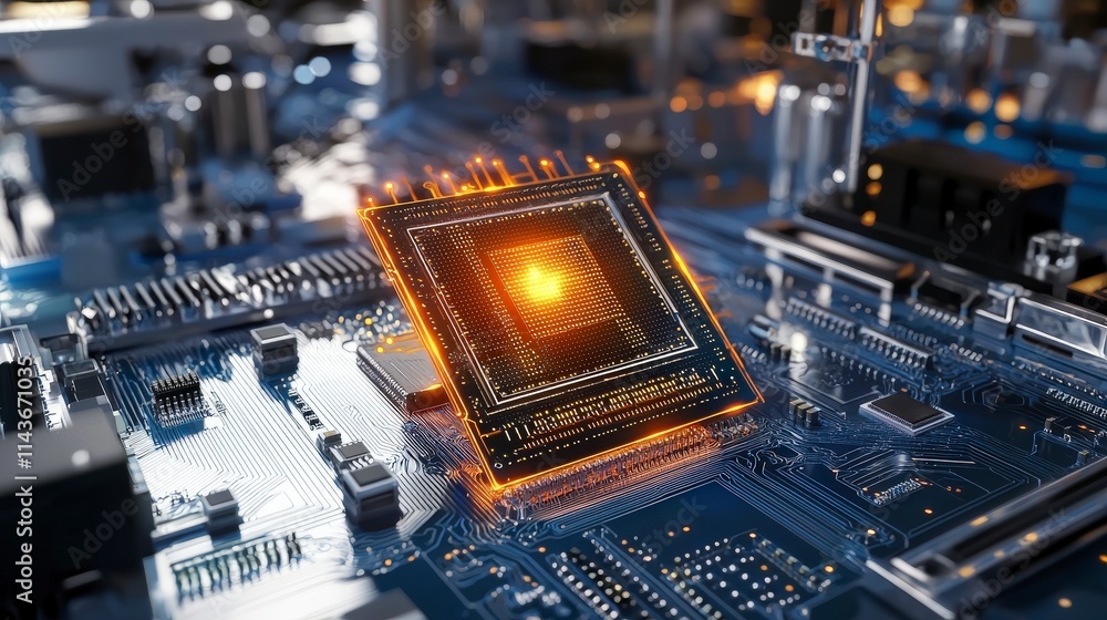 Aufkleber futuristic glowing quantum processor chip technology lab digital artwork clean environment close-up 