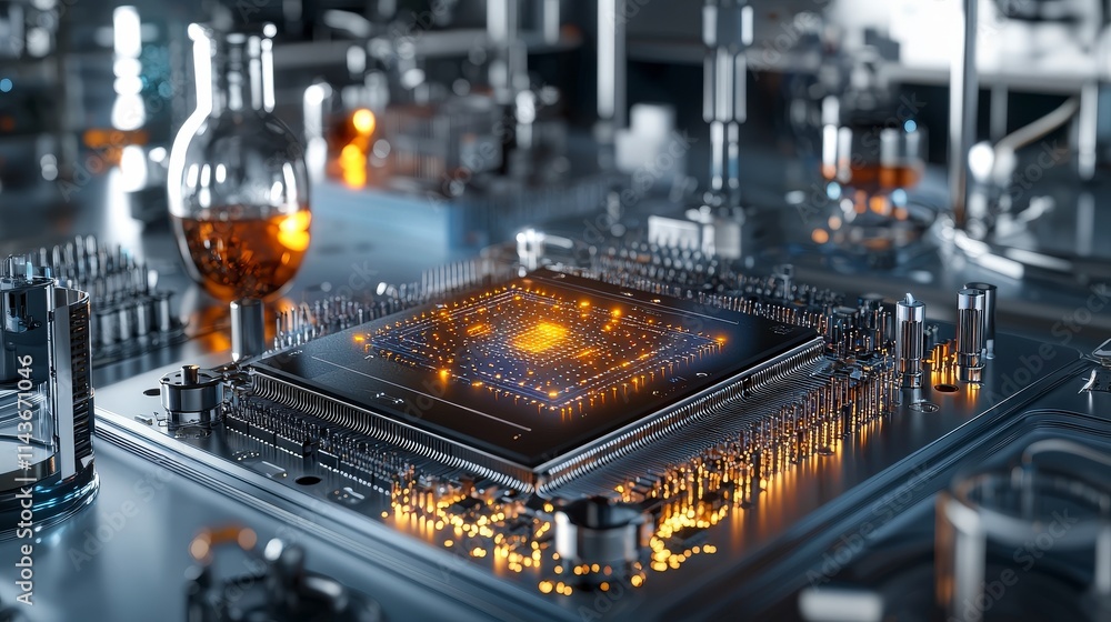 Poster Futuristic quantum processor chip in a clean technology lab digital close-up high-tech environment innovative concept