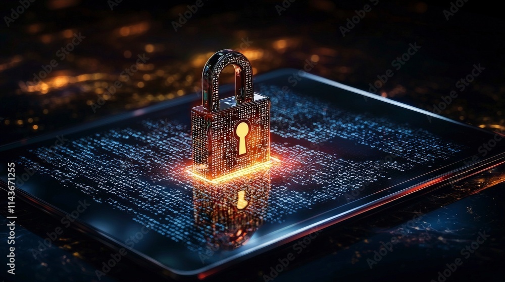 Fototapete Digital security lock icon illuminated on tablet cybersecurity focus tech environment close-up view innovative concept
