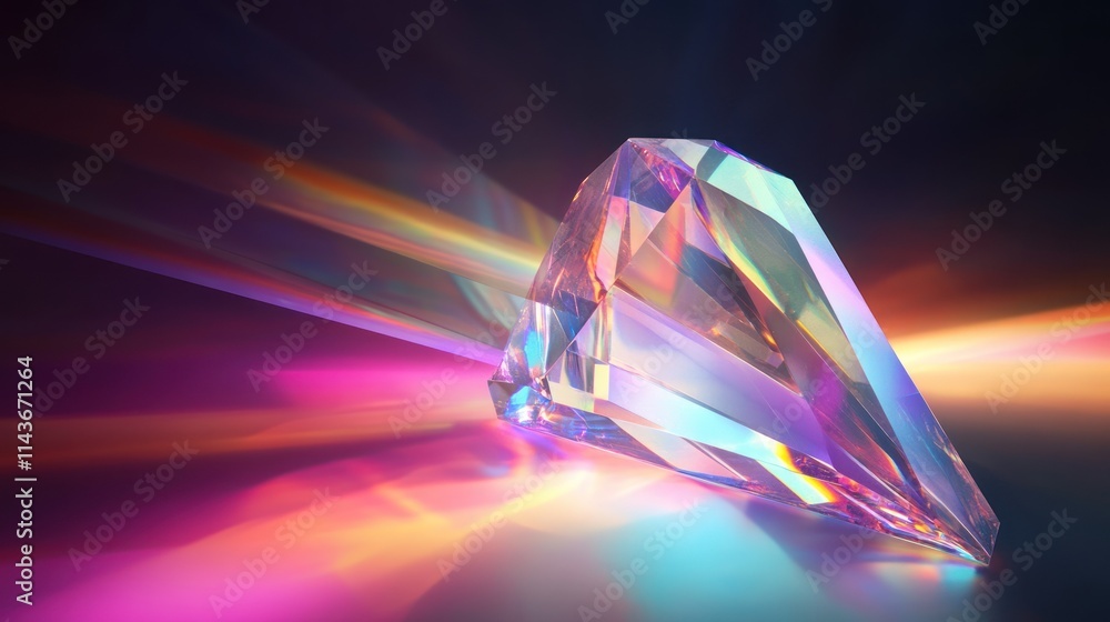 Poster a sparkling crystal with colorful light reflections on a dark surface.
