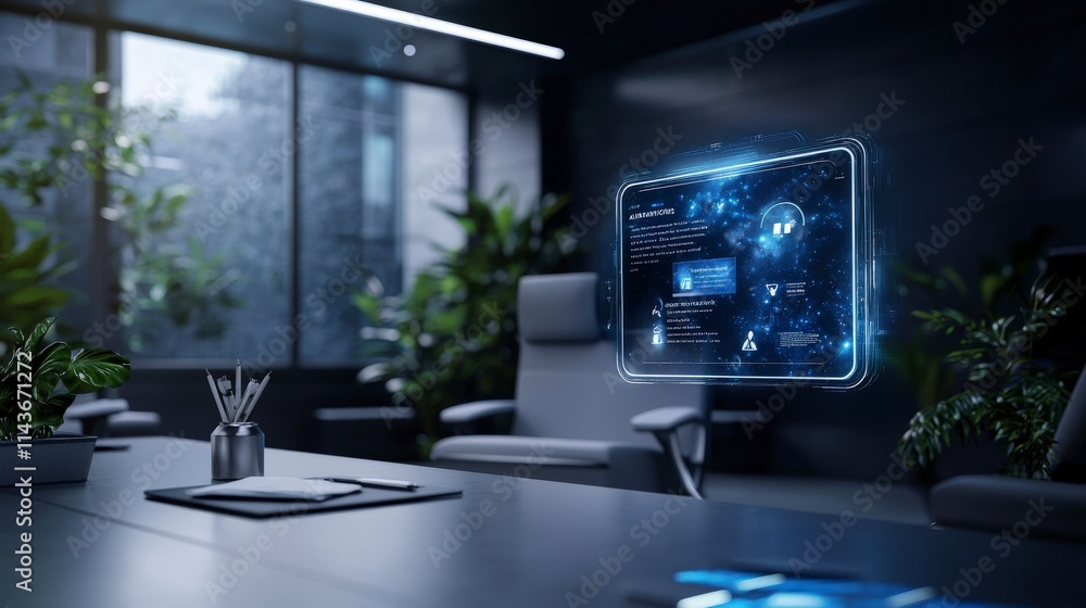 Aufkleber holographic interface displaying awareness tips in a modern office environment futuristic design int