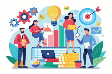 A vibrant illustration depicts individuals collaborating on business organization and strategy tasks Organize your business with a flat illustration strategy.