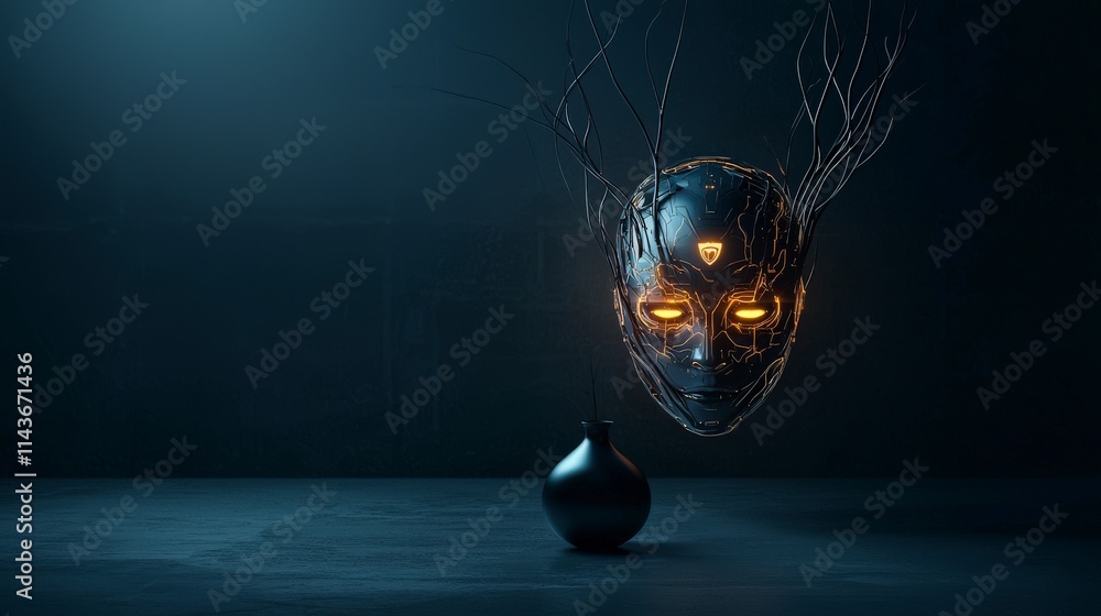 Poster ai face illuminates minimalist setup futuristic artistry studio environment high-tech concept