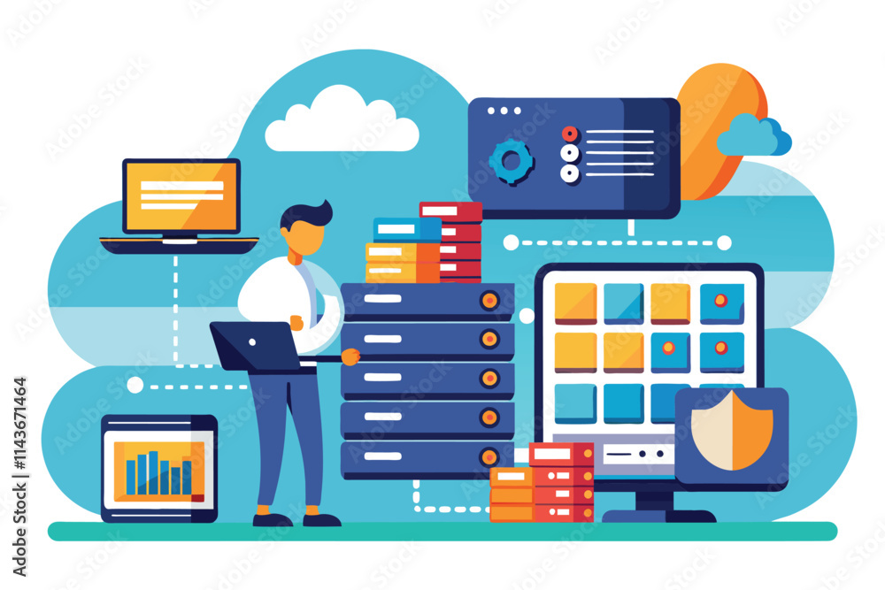 Poster a professional organizes data storage on a server, optimizing file archives in a modern digital work