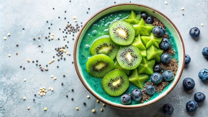 Vibrant Green Smoothie Bowl Topped with Kiwi, Starfruit, and Blueberries