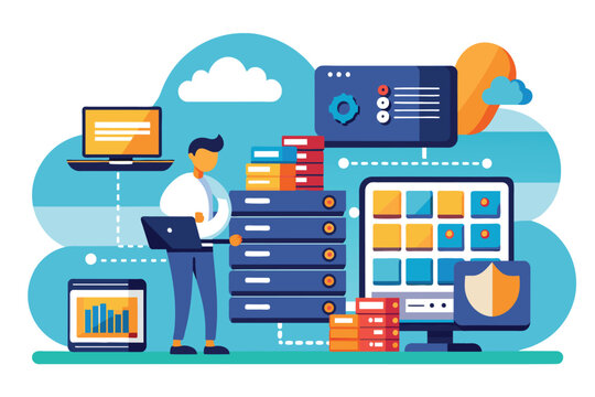 A professional organizes data storage on a server, optimizing file archives in a modern digital workspace Organizing data storage and file archive on a server or computer, simple illustration.