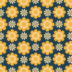 Seamless floral vector pattern with yellow and white flowers on blue background for fashion, clothing, textile, stationary, packaging and other print.