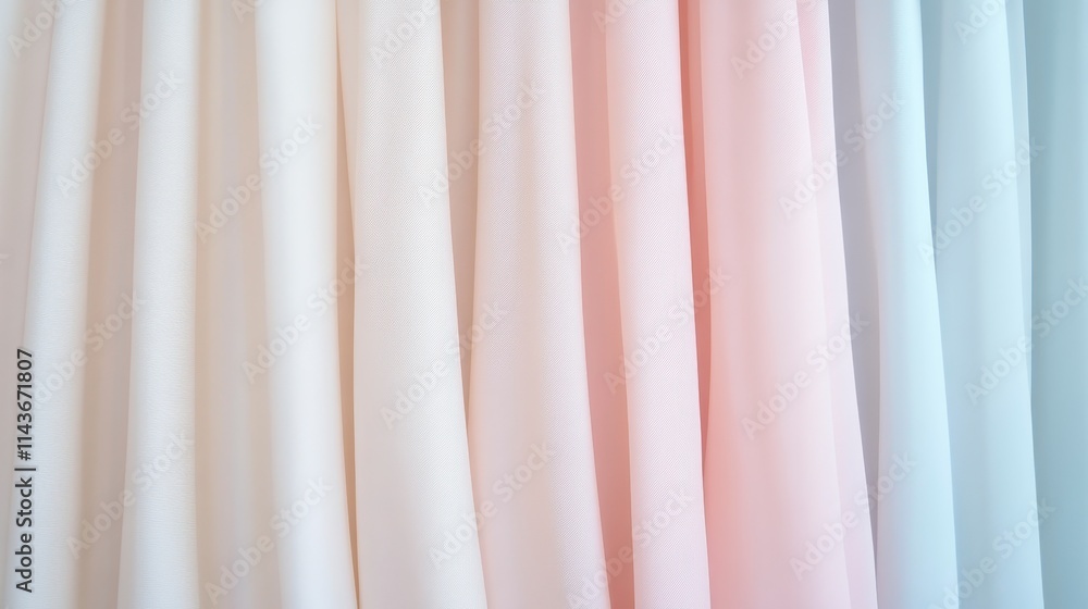 Poster a serene display of pastel-colored fabrics hanging in soft folds, showcasing delicate textures and s