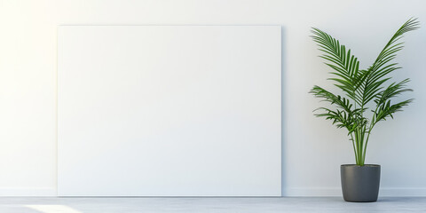 Modern interior design with blank canvas and green plant in bright room