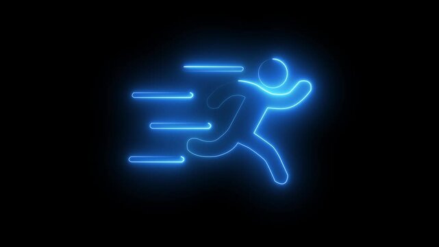 Glowing neon line blue color runner sing. Running neon sign appear in center and disappear after some time background.