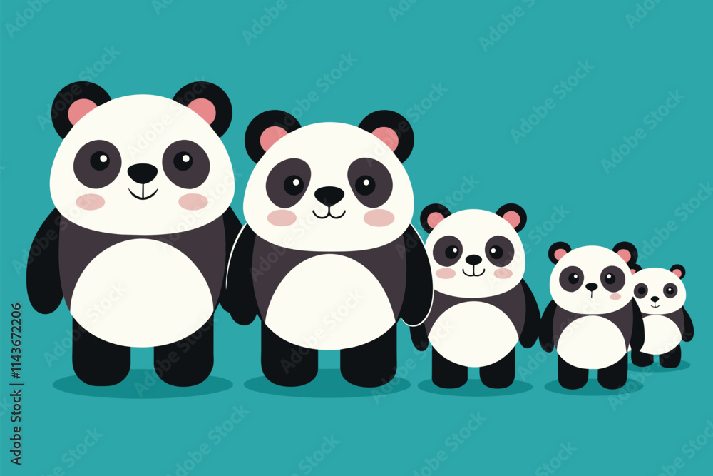 Poster a row of adorable pandas displays their charming poses, each with distinct character and charm panda