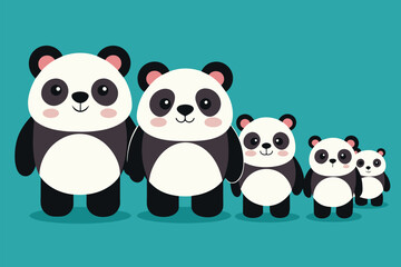 Fototapeta premium A row of adorable pandas displays their charming poses, each with distinct character and charm Pandas sitting in a row, flat drawing