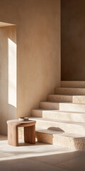 Soft sunlight illuminates minimalist interior with wooden furniture and stone steps