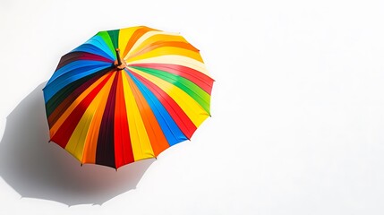 A colorful striped umbrella against a white background, symbolizing leisure and protection.
