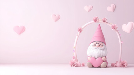 Cute gnome with heart surrounded by pink roses and hearts