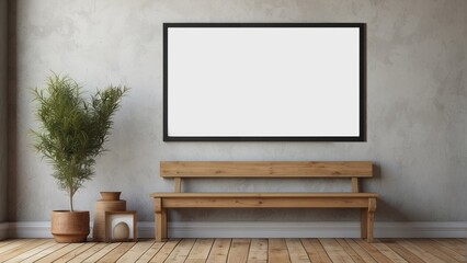 Modern Interior Design Featuring a Blank Frame and Wooden Bench