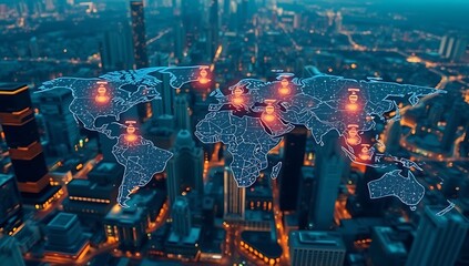 Global Network Connections Over Cityscape at Night