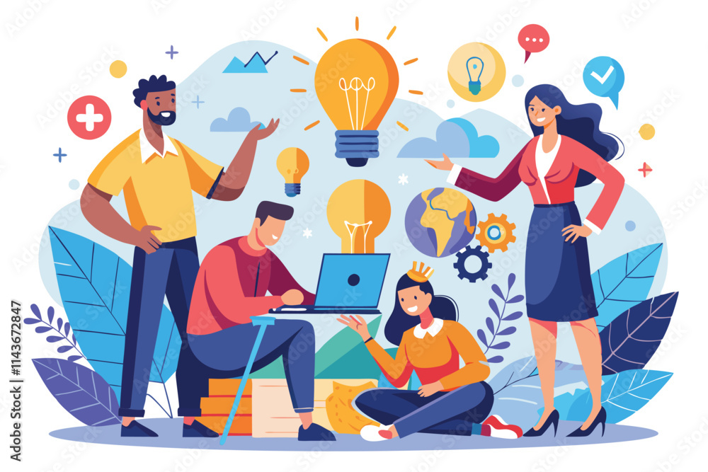 Poster a diverse group collaborates on fresh concepts, sharing insights and generating enthusiasm in a colo