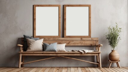Wooden Bench With Frames Pillows And Plant Decor