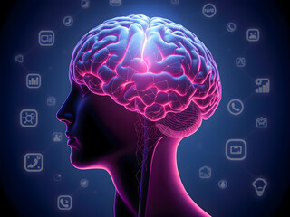 Obraz premium Abstract silhouette of a human head in profile with a stylized brain and gears, symbolizing intelligence, creativity, and the power of human thought