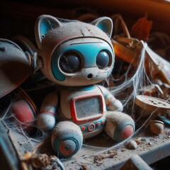 Abandoned Toy A forgotten toy left on a shelf surrounded by dust