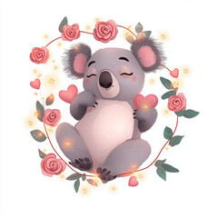 Cute cartoon koala surrounded by roses and hearts, expressing love and joy