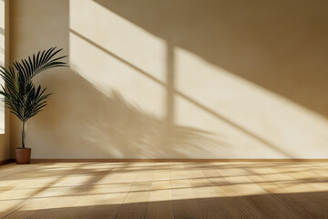 Natural light casts shadows of a palm plant on a wooden floor in a serene interior space