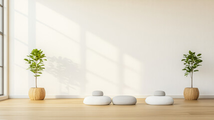 Minimalist interior with natural elements and soft lighting in a serene environment