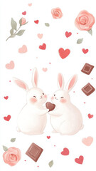 Cute rabbits sharing heart surrounded by roses and cho tes
