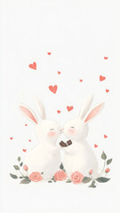 Fototapeta premium Cute rabbits sharing cho te with hearts and roses in romantic scene